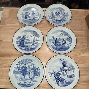 Delfts By Boch Hand Painted Blue White Plate Belgium 6 1/2” Set of 6